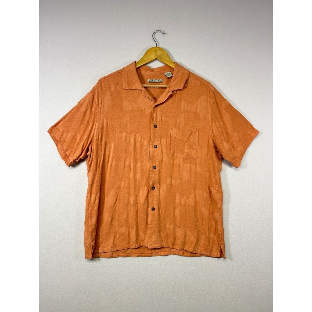 Batik Bay Button Down Shirt Mens XL Orange Short Sleeve Tropical Rayon Jacquard